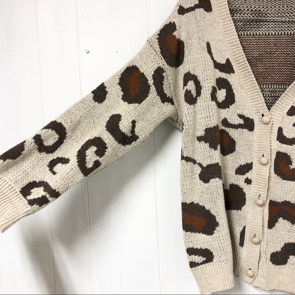 Leopard Print Tan and Brown Knit Cardigan Sweater - Picture 3 of 7